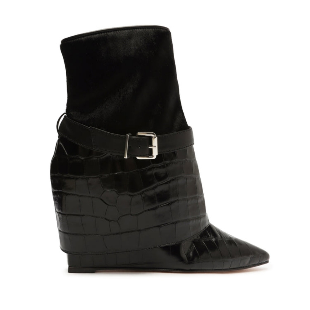 Schutz jorian crocodile embossed leather wedge booties